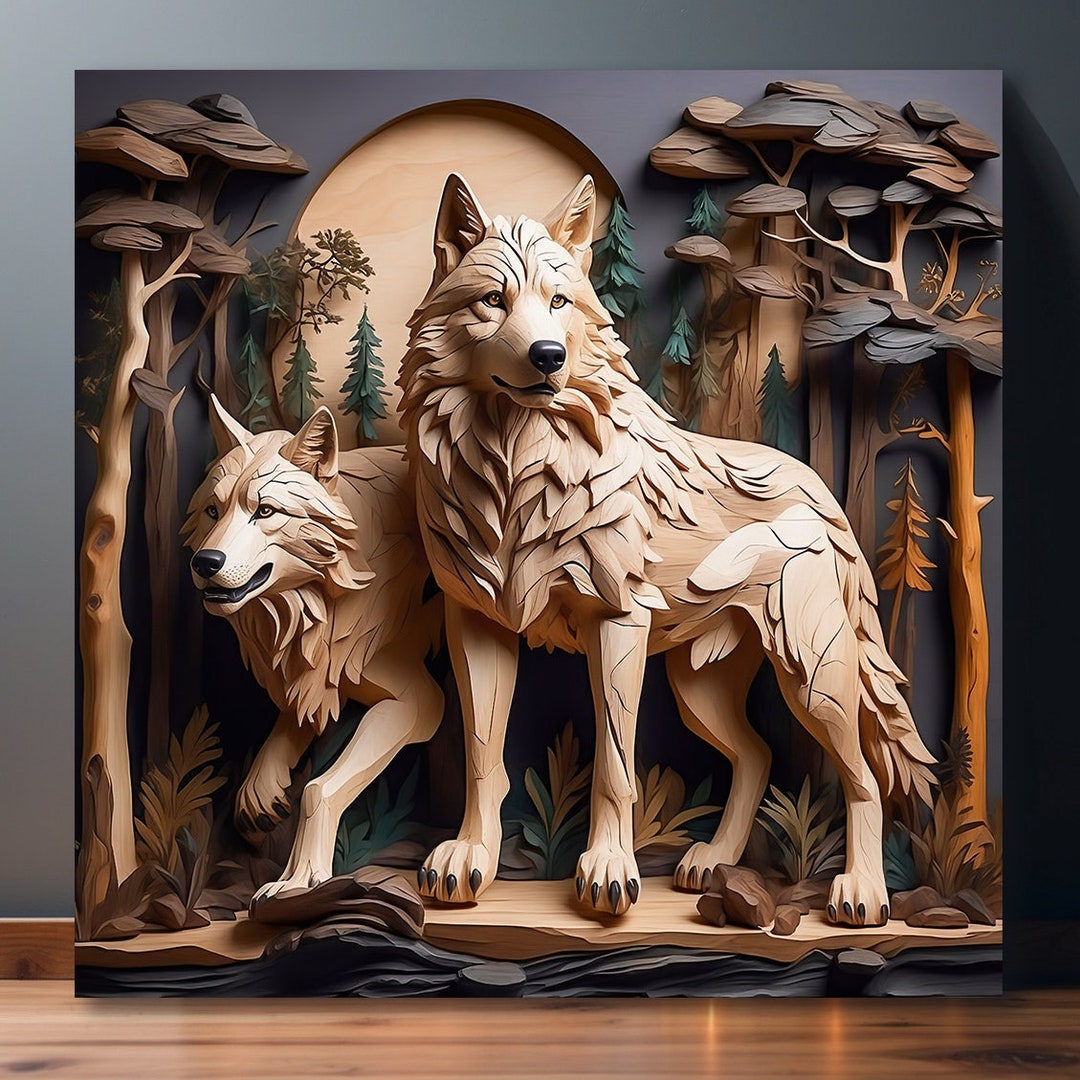 Rustic Wolf Rustic Wolf Canvas Wall Art: Wooden Style Forest Scene - Etsy