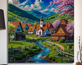 Alpine Village Canvas Art: Rustic Mountain Scenery Wall Decor