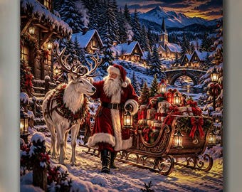 Santa Claus Christmas Wall Art, Vintage Santa and Reindeer Canvas Print, Christmas Sleigh Painting, Snowy Village Holiday Decor