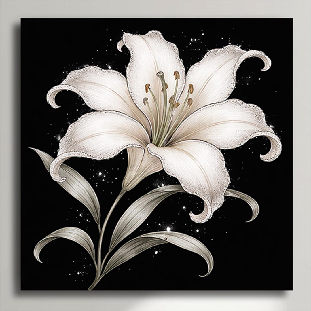 White Lily Wall Art on Black Background, Elegant Botanical Canvas Print ...