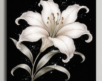 White Lily Wall Art on Black Background, Elegant Botanical Canvas Print, Minimalist Floral Decor, Modern Bedroom Artwork, Gift for Her