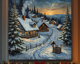 Winter Village Oil Painting Print, Cozy Snowy Christmas Landscape Wall Art, Warm Cottage Lights, Holiday Home Decor Gift
