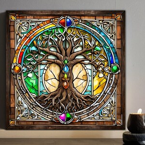 Tree of Life Stained Glass Canvas Wall Art, Yggdrasil Canvas Art, Mandala Canvas, Norse Mythology Art, Celtic Tree Art, Tree Of Life Canvas