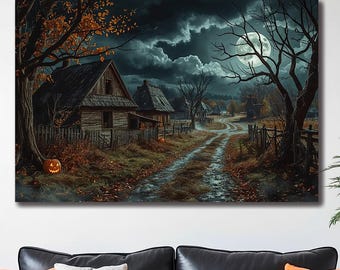 Halloween Canvas Print: Spooky Haunted Houses & Pumpkins Decor