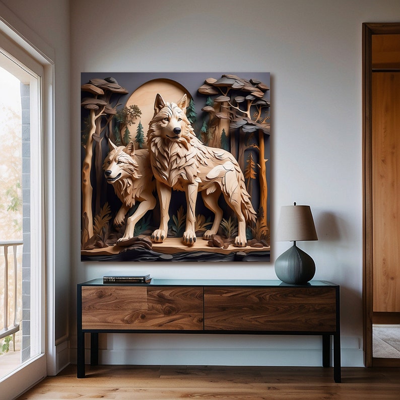 Rustic Wolf Rustic Wolf Canvas Wall Art: Wooden Style Forest Scene - Etsy