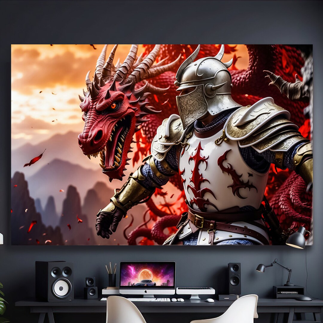Fantasy Knight and Dragon Battle Canvas Print, Medieval Fantasy Wall ...