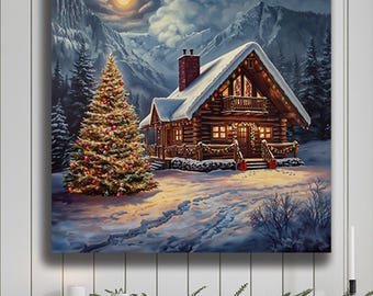 Christmas Cabin Canvas Wall Art, Winter Snowy Cottage Scene Print, Holiday Living Room Decoration, Rustic Farmhouse Christmas Decor