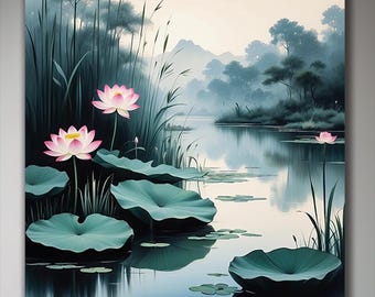 Lotus Flower Canvas Art: Serene Zen Wall Decor, Mandala Wall Art, Serene Asian Nature Landscape Home Décor, Zen Lotus Flowers  Canvas