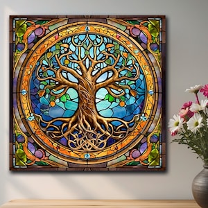 Tree of Life Stained Glass Canvas Wall Art, Yggdrasil Canvas, Norse Mythology Artwork, Mandala Wall Decor, Spiritual Nature Inspired Artwork
