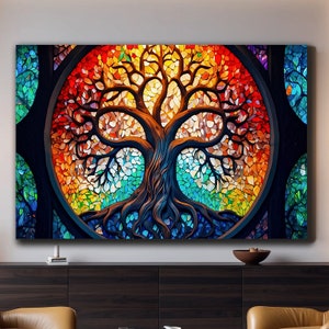 Tree of Life Stained Glass Canvas Wall Art, Yggdrasil Home Decor, Mandala Wall Art, Spiritual Celtic Tree Artwork, Norse Mythology Canvas