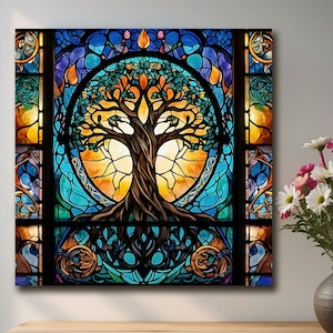 Tree of Life Stained Glass Canvas Wall Art, Yggdrasil Artwork, Spiritual Celtic Tree Canvas, Norse Mythology Home Decor, Mandala Canvas