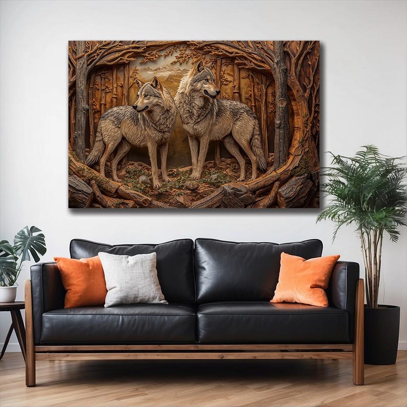 Rustic Wolf Wolf Couple Wall Art – Realistic Woodland Wolves, Rustic Wildlife Decor ...