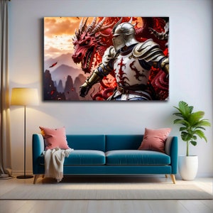 Fantasy Knight and Dragon Battle Canvas Print, Medieval Fantasy Wall ...