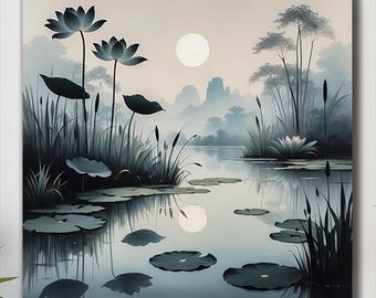 Lotus Flower Canvas Art: Serene Zen Wall Decor, Mandala Wall Art, Serene Asian Nature Landscape Home Décor, Lotus Flowers under Full Moon