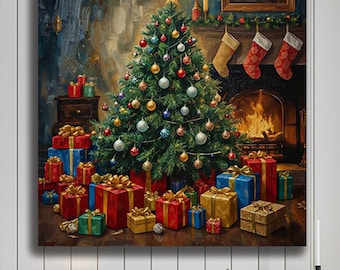 Christmas tree wall art, cozy holiday fireplace painting, festive gifts canvas print, Xmas home decor for living room