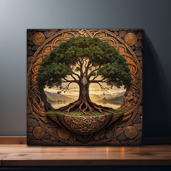 Keltischer Baum des Lebens, Wandkunst, Yggdrasil-Leinwand, Mandala-Wandkunst, von der Natur inspirierte Wohndekoration, spirituelles Kunstwerk, mystische Landschaftsleinwand