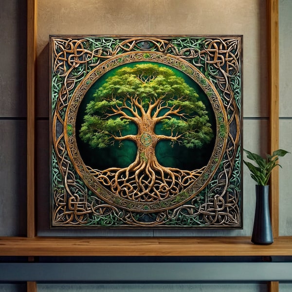 Art mural celtique arbre de vie, toile Yggdrasil, art mural mandala, boiseries en métal complexes, décoration nature, tenture symbolique spirituelle