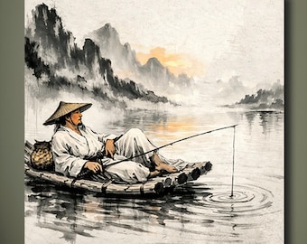 Japanese Ink Landscape Wall Art, Traditional Fisherman on Bamboo Raft, Zen River Scene, Oriental Minimalist Art Print, Calm Nature Decor