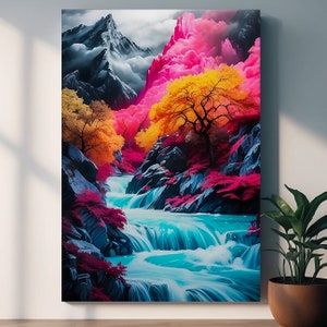 Japanese Canvas Wall Art, Japanese Maple Tree Wall Art, Japanese Art Mountain River, Japanese Autumn Scenery Canvas, Red Maples Above River