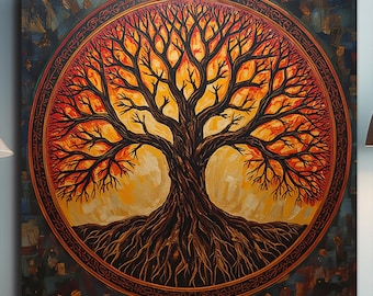 Tree of Life Wall Art Circle Design, Spiritual Symbol of Strength and Renewal, Autumn Energy Canvas Print, Meaningful Home Decor Art