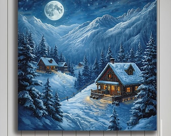 Moonlit Winter Cabin Wall Art Canvas Print, Snowy Mountain Village at Night, Cozy Alpine Forest Landscape, Nordic Nature Home Decor Art
