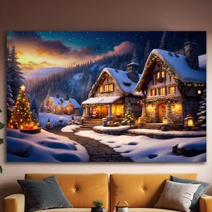 Christmas Canvas Wall Art, Rustic Winter Wonderland  Canvas, Cozy Snowy Village Scene Print, Holiday Home Decor, Festive Christmas Artwork