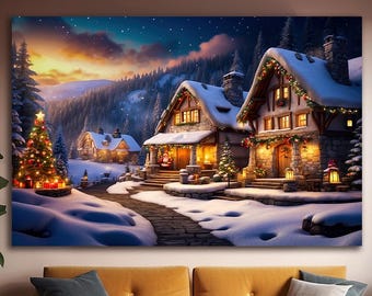 Rustic Christmas Village Canvas Art: Snowy Winter Wonderland Print