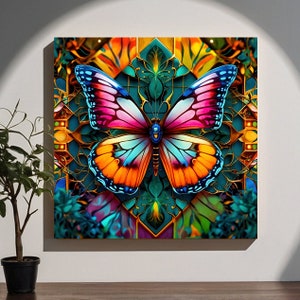 Stampa su tela con farfalle, stampa su tela con farfalle colorate, illustrazione di farfalle vivaci, arredamento moderno per la casa, tela per soggiorno