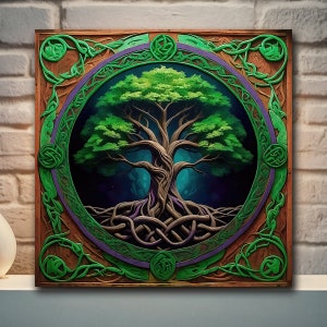 Celtic Tree of Life Canvas Wall Art, Yggdrasil Canvas, Mandala Artwork Canvas, Celtic Knotwork Green Tree Decor, Bohemian Wall Art Hanging