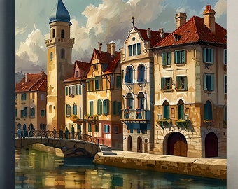 Vintage European City Canvas Art: Rustic Architecture Print