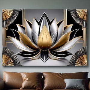 Lotus Flower Canvas Wall Art, Elegant Metallic Style Lotus Art, Modern Lotus Print, Large Gold Black Lotus Artwork, Sophisticated Wall Decor