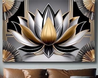 Arte su tela con fiore di loto metallizzato: stampa elegante in oro e nero
