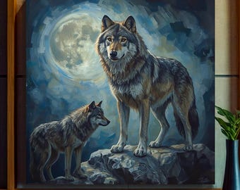 Majestic Wolf Pair Oil Painting: Mystical Full Moon Canvas Wall Art
