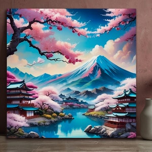 Japanese Sakura Landscape Canvas Wall Art, Cherry Blossom Lake Canvas Painting, Asian Scenery Wall Art, Japanese Art Mountain River