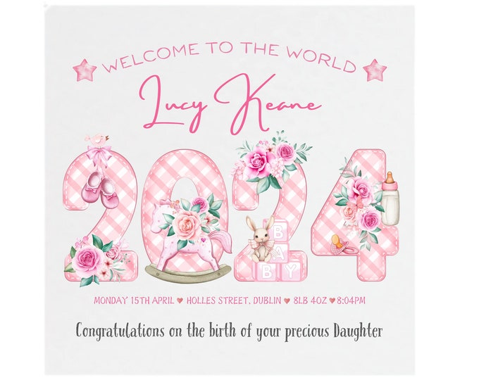 Personalised Welcome to the World 2024 Birth Announcement New Baby Girl Daughter Granddaughter Congratulations Birth Details Keepsake Card