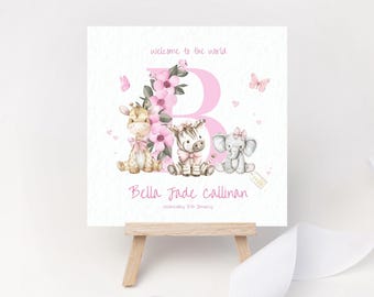 Personalised Welcome to the World Monogram Letter Card Plush Animals Birth Announcement New Baby Gift Girl Daughter Goddaughter Keepsake