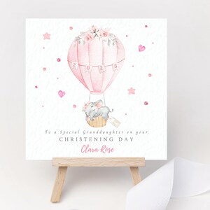 Personalisierte Karte zur Taufe Rosa Heißluftballon Floral Baby Elefant Herzlichen Glückwunsch Mädchen Patentochter Tochter Enkelin Nichte Cousin