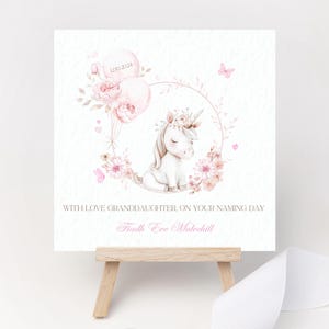Personalisierte Karte zur Taufe Einhorn Blush rosa Blumenkranz Pfingstrose Rose Patenkind Tochter Enkelin Nichte Datum Andenken