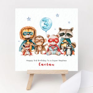 Cartão de aniversário personalizado, animais fofos de super-heróis, leão, macaco, um menino festeiro, primeiro aniversário, filho, neto, sobrinho, primo, irmão, afilhado, qualquer idade