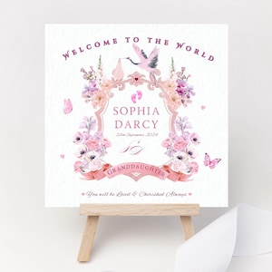 Gepersonaliseerde roze babywapen Welkom bij de wereld monogram briefkaart bloemen geboortekaartje meisje dochter kleindochter aandenken cadeau