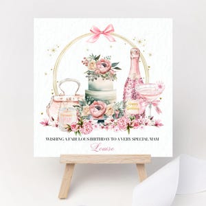 Personalisierte Geburtstagskarte Champagner Cocktail Bling Handtasche Kerze Kuchen Rosa Blumen Mam Mum Mutter Nana Schwester Frau Tante Freundin Freund