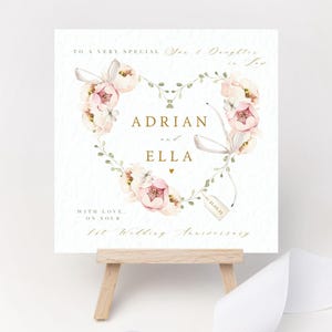 Biglietto di auguri personalizzato per il primo anniversario di matrimonio, un anno, data del figlio e della nuora, nomi della coppia, anniversario di carta, anniversario del figlio, 1° matrimonio