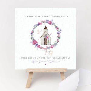 Tarjeta de confirmación personalizada en rosa, morado, iglesia, paloma, flores silvestres, niña, hija, nieta, sobrina, prima, ahijada, regalo, felicitaciones