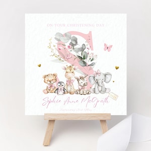 Gepersonaliseerde doopkaart monogram aandenken doopcadeau roze groen goud safaridieren meisje peetdochter kleindochter dochter nichtje