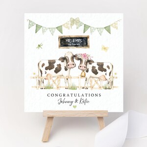 Carte de mariage personnalisée, date souvenir, mariage irlandais, carte de ferme, agriculteur, vaches, fleurs, couple heureux, M. et Mme, félicitations, juste mariés