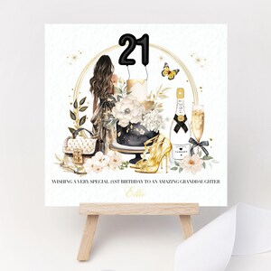 Biglietto di auguri di compleanno personalizzato 18° 21° 19° 20° regalo champagne borsa torta tacchi festa glamour oro floreale nipote nipote sorella figlia