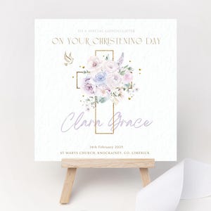 Personalisierte Taufkarte Pastell rosa lila Kreuz Taube Wildblumen Tochter Enkelin Patentochter Nichte Mädchen Andenken