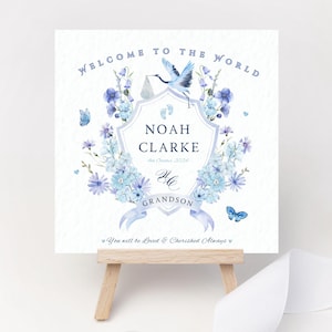 Gepersonaliseerd blauw babywapen Welkom bij de wereld monogram briefkaart bloemen geboortekaartje nieuwe aandenken babyjongen zoon kleinzoon