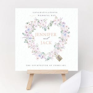 Carte de mariage personnalisée feuillage couronne de coeurs jour du mariage bouquets aquarelles souvenir date couples noms Mr et Mme juste mariés jeunes mariés