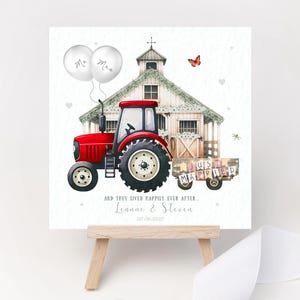 Gepersonaliseerde trouwkaart aandenken cadeau Dhr en mevrouw boerderij tractor schuur boerenerf kerk boer aanhangwagen paar lang en gelukkig net getrouwd